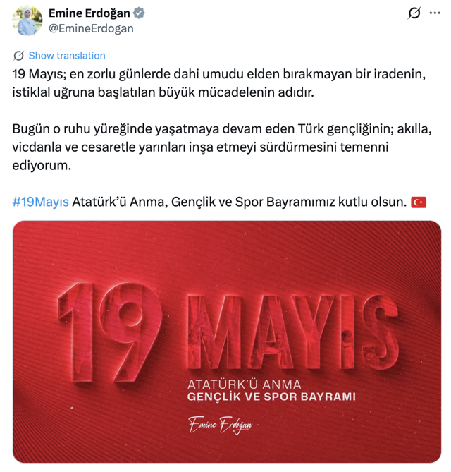 Emine Erdoğan'dan 19 Mayıs Atatürk'ü Anma, Gençlik ve Spor Bayramı mesajı - Resim: 0